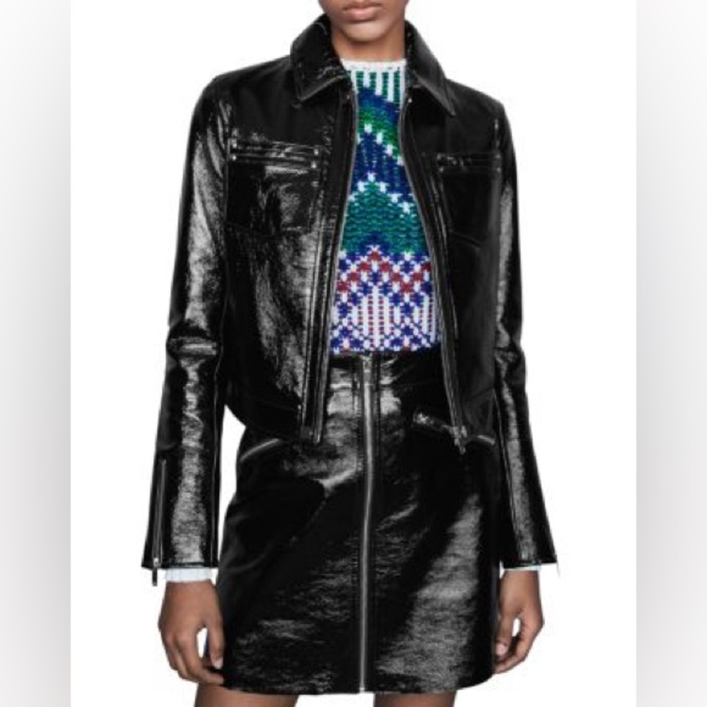 Maje 38 Baptiste Black Patent Leather Jacket